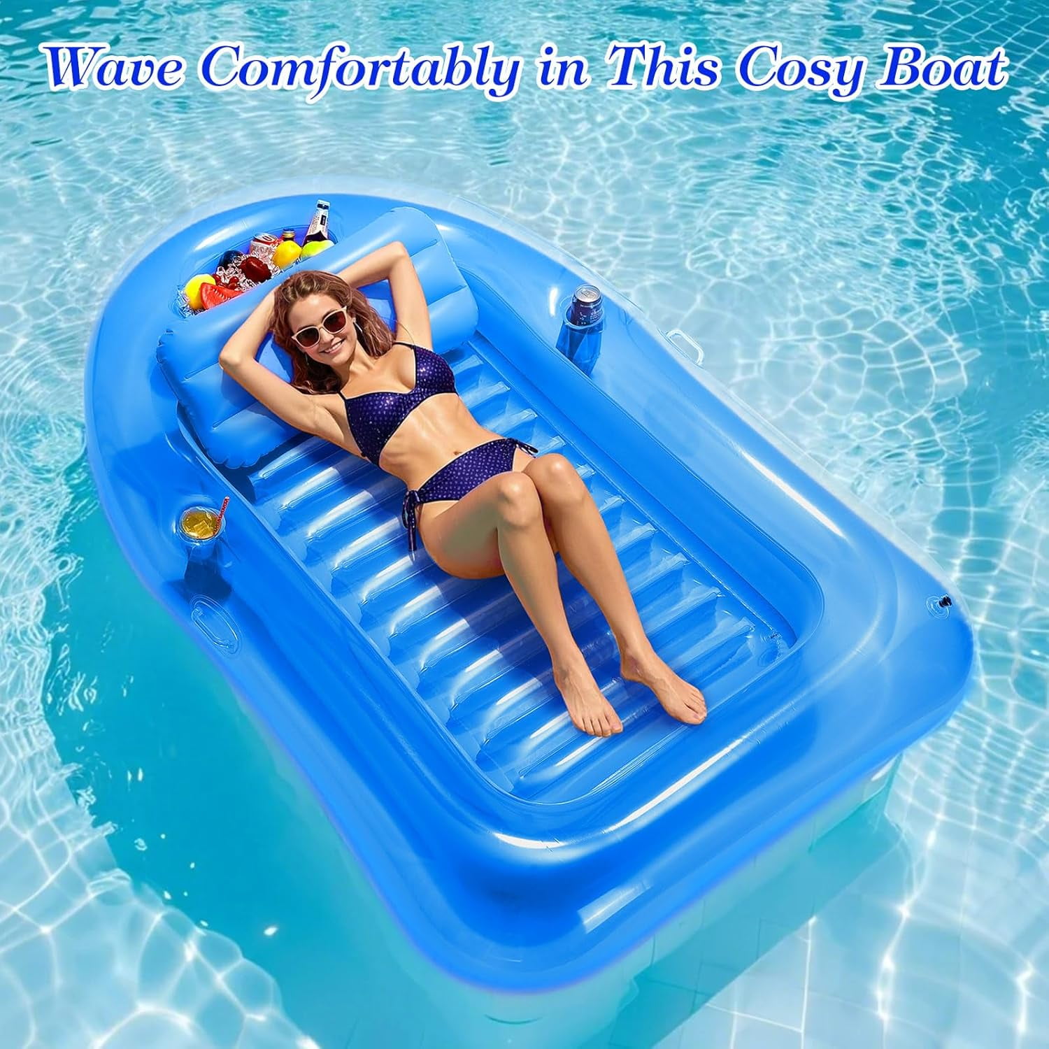 Pool Floats Adult, Large Floating Bed with Ice Bar, Tanning Bed Pool Raft Inflatable Lounger with Drink Holder Tanning Chair Inflatable Pool Toys for Party Beach Backyard