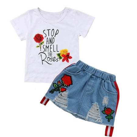 - Toddler Kids Baby Girl Summer Tops T-shirt Denim Dress 2Pcs Outfits Clothes 1-2 Years