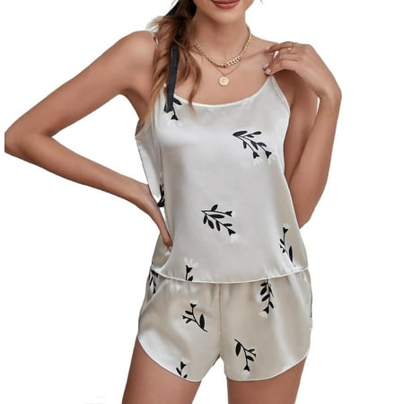 

Spaghetti Strap Casual Plants Short Sets Apricot Sleeveless Women Pajama Sets