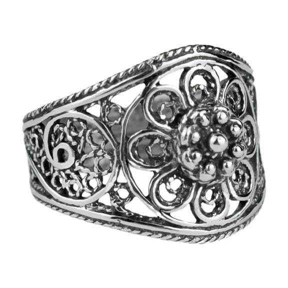 Filigree Art Lace Embroidery Women Silver Cocktail Ring