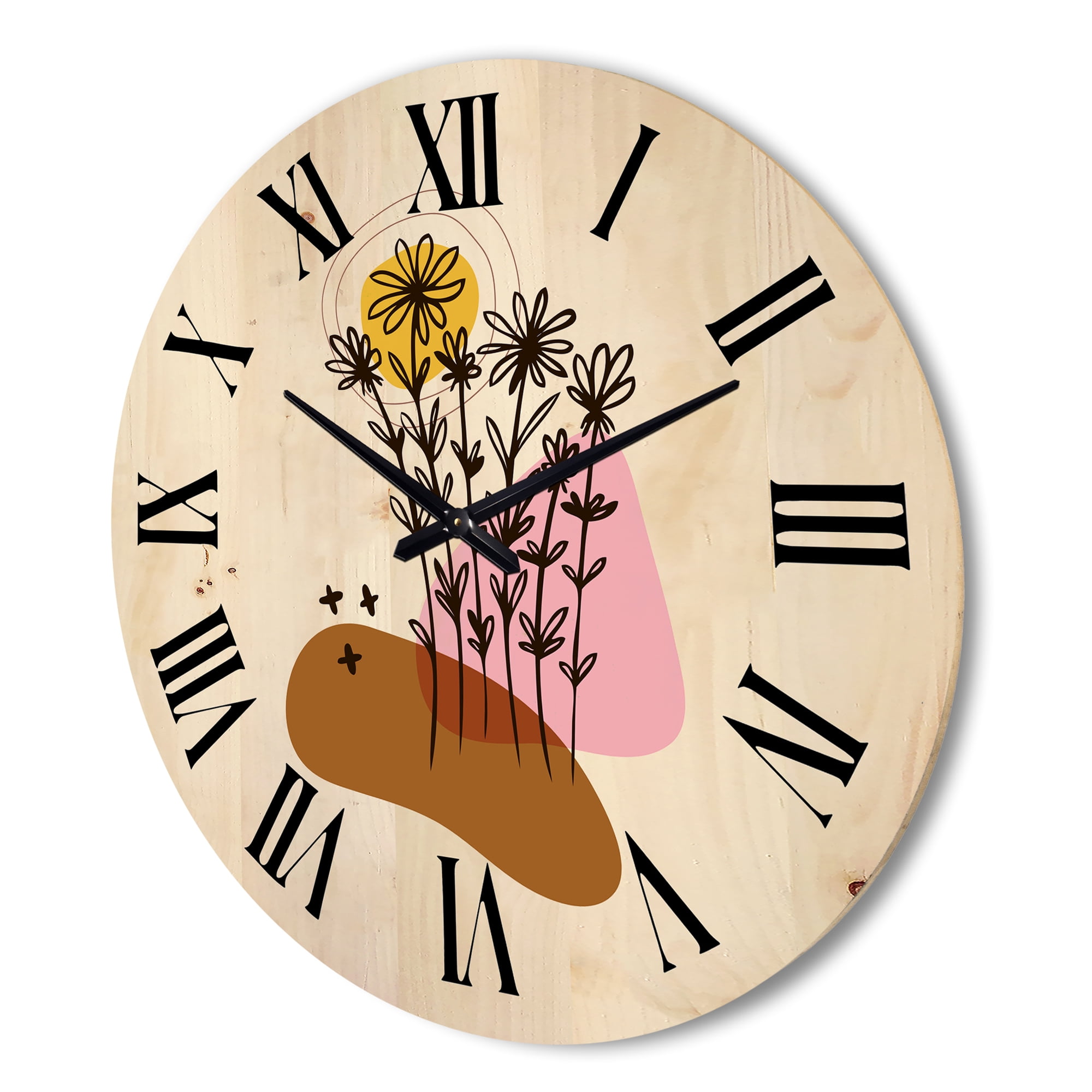 Designart 'Abstract Flowers Plants With Elementary Shapes I' Modern Wood Wall Clock