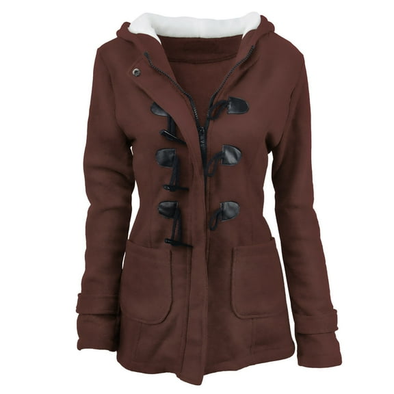 Womens Fashion Horn Button Fleece Thicken Coat With Hood Winter Warm Jacket