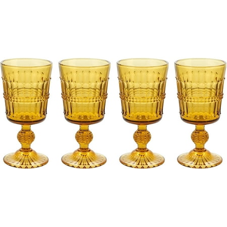 American Atelier Vintage Amber Beaded Wine Glasses Set of 4  9 oz Wine Goblets Colored Vintage Style Glassware  Water Cups  Embossed Design  Dishwasher Safe  Amber