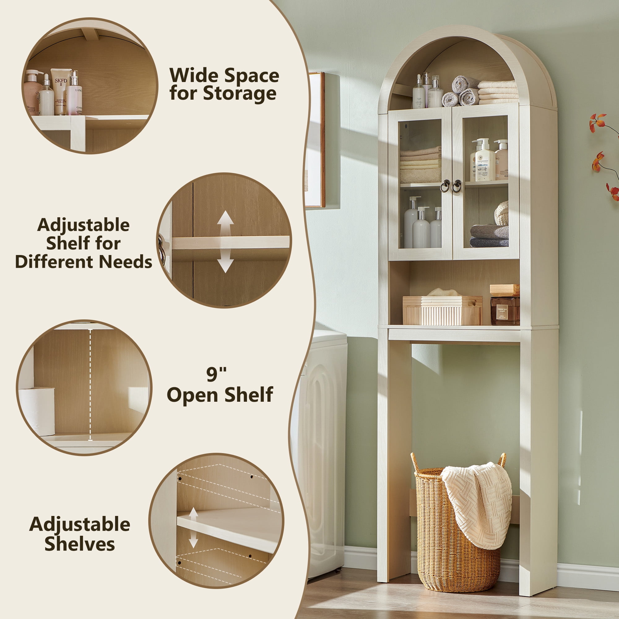 SinCiDo Arched Over The Toilet Storage Cabinet, Modern Bathroom Shelf Over Toilet with Acrylic Doors, Wooden Bathroom Space Saver Organizer above Toilet with Adjustable Shelf