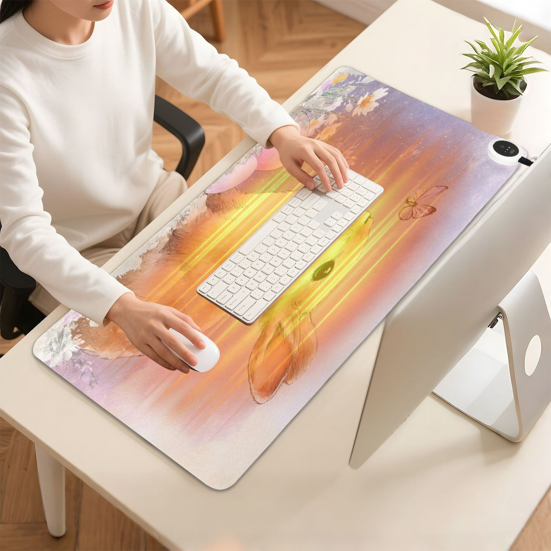Large Heated Desk Mat Mouse Pad 31.5"x13"PU Leather Graphene Heating Desk Warmer with 3 Temperature Settings 110V US Plug Non-Slip Warm Pad for Home, Office, and Gaming Bunny with Purple Butterfly