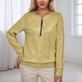 thumbnail image 2 of HNMKIU Women's T-Shirts Women's Fashion Casual Loose Fit Long Sleeve Round Neck Sequin Solid Color T-Shirt Top Yellow,S, 2 of 5