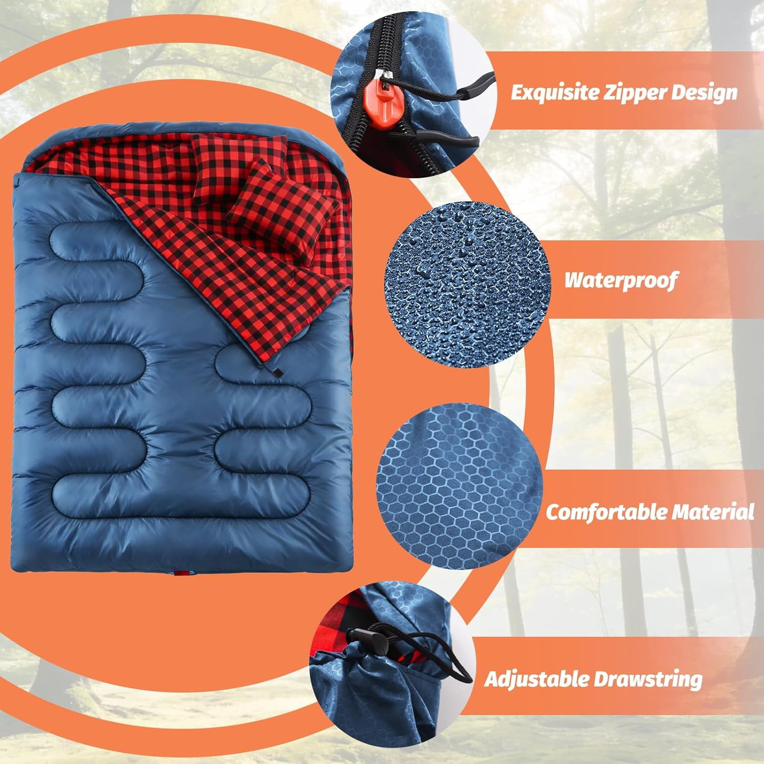 Double Sleeping Bag for Adults with 2 Pillows, Big & Tall Queen Size XL Sleeping Bag for 2 Person, Waterproof & Lightweight Warm for 3 Seasons, Cold Weather,Camping, Hiking & Backpacking