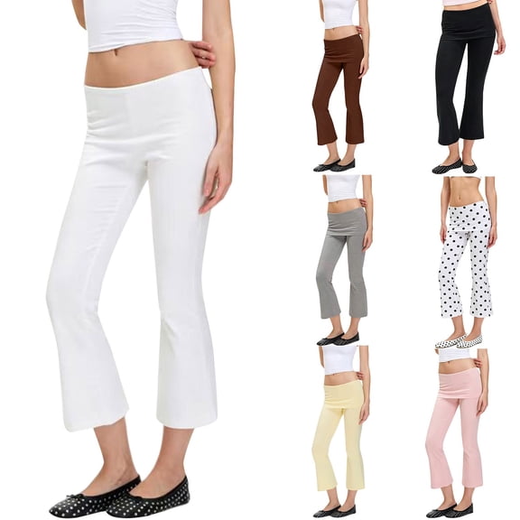 Breezora Women's Fold Over Waist Cropped Flare Pants High Waisted Leggings Casual Stretchy Loose Relaxed Fit Daily Yoga Trousers