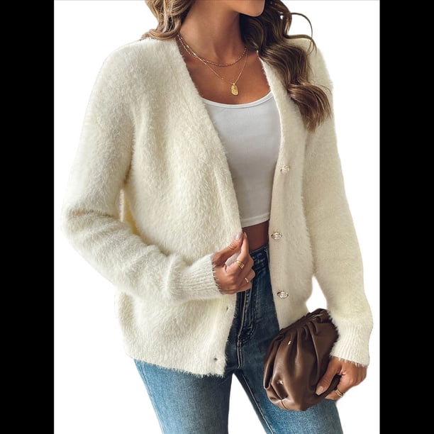 Cárdigan de Mujer para Otoño e Invierno, con Botones, Larga, Cuello en V, Tejido Grueso y Suave. Albaricoque L