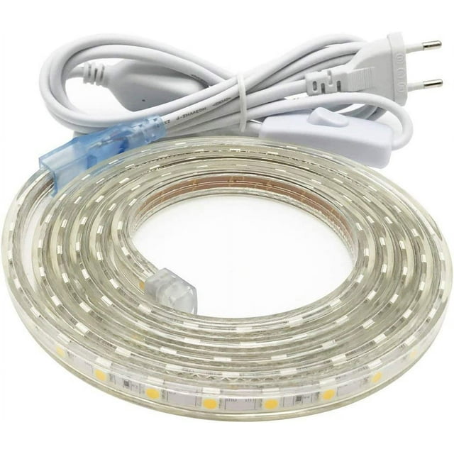 Tira LED blanca cálida de 2 m, tira LED de 220 V muy brillante con interruptor, tira impermeable 5050 IP65