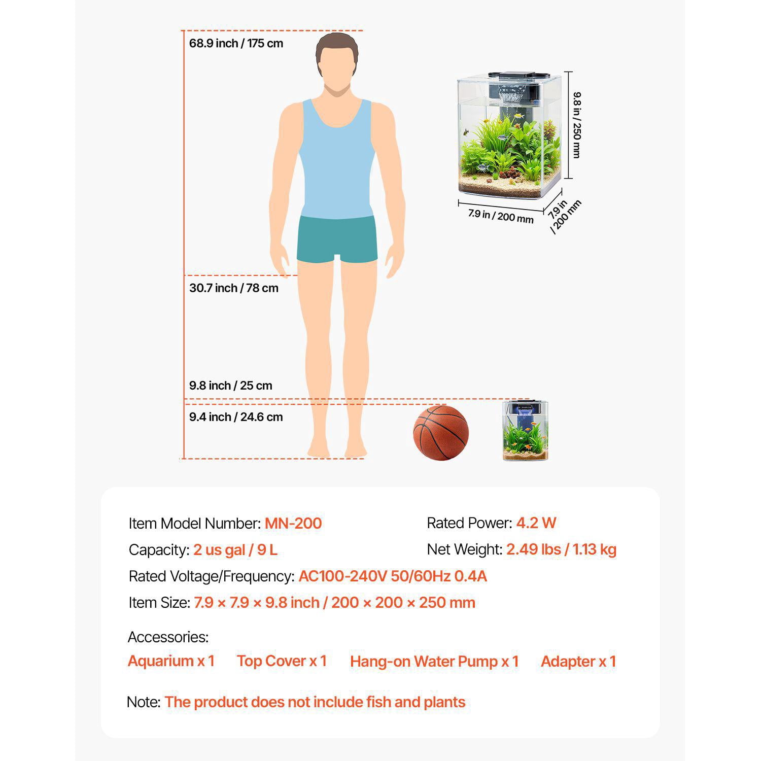 2 Gallon Ultra Clear GPPS Smart Fish Tank Aquarium with Adjustable 3 Color Lighting and Self Cleaning System for Freshwater Saltwater Fish Home Office Pet Use