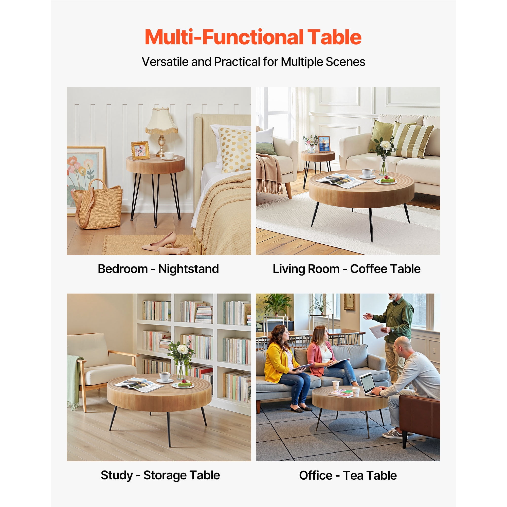 KFFKFF 2-Piece Round Coffee Table Set, 31.3-Inch Industrial Style with Side Table, Easy-to-Assemble Tables with Metal Legs for Living Room, Office, or Apartment