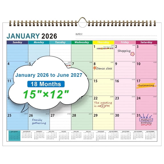 JILhome Calendar 2026, 18 Months Calendar 2026-2027, Large Monthly Calendar 15"×12", Premium Paper Monthly Planner with Julian Dates, Twin-Wire Binding for Office Home Planning