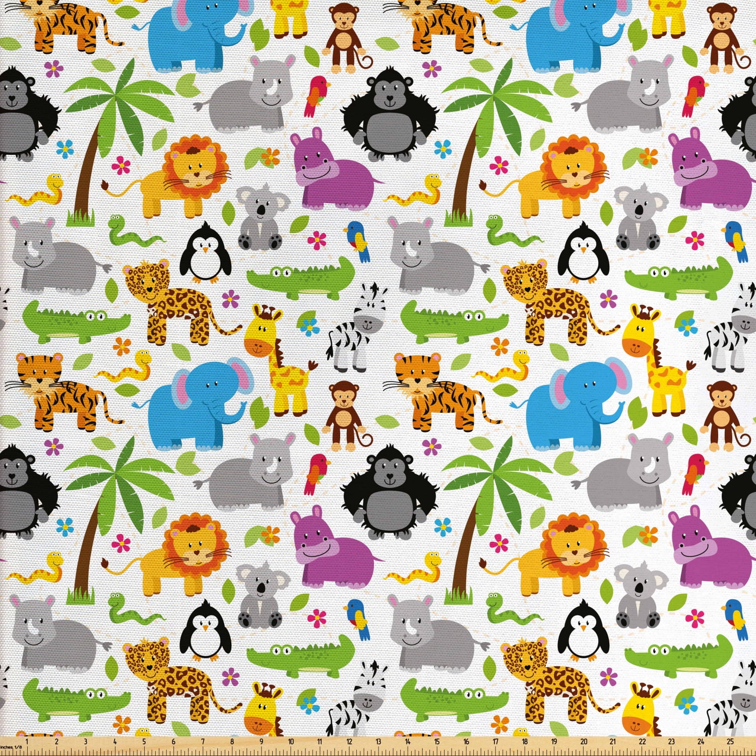 Nursery Fabric by The Yard, Various Types of Animals Drawn Manner Lions