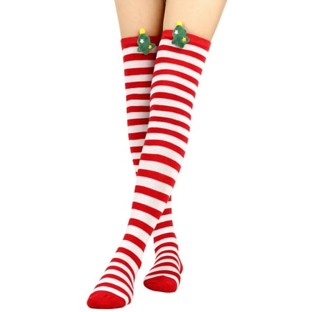 

VIEGINE Women Striped Over Knee Socks Plush Tree Boot Thigh High Stockings for Christmas