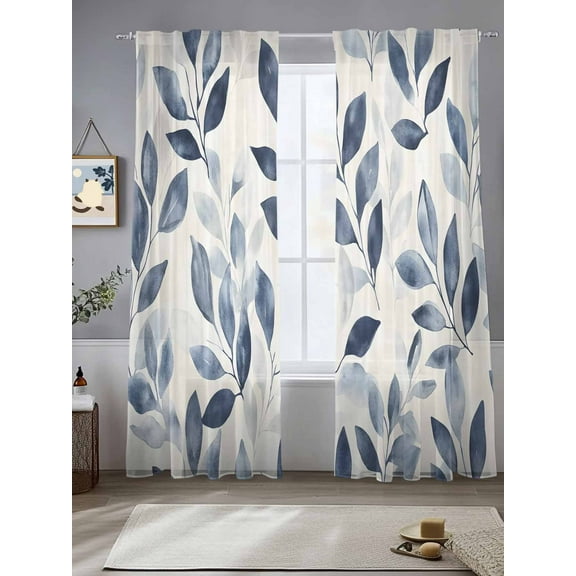 Navy Blue Botanical Sheer Curtains for Living Room Bedroom Pastoral Spring Leaves Watercolor Sheer Curtains 84 Inch Long 2 Panels Set Light Filtering Curtain Window Treatments Drapes for Dining Room
