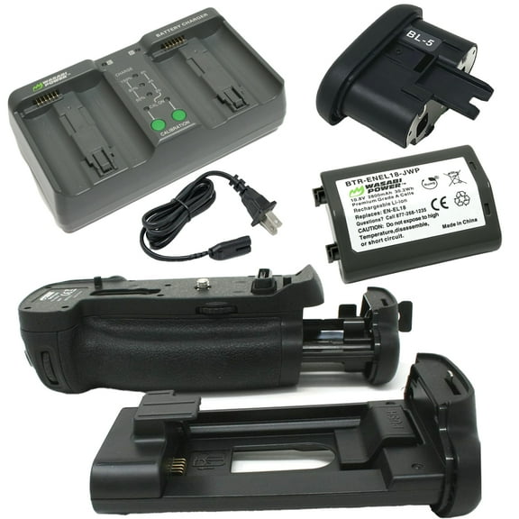 Wasabi Power EN-EL18 Battery, Wasabi Power MB-D18 Battery Grip for Nikon D850, and Wasabi Power BL-5 Battery Chamber Cover.