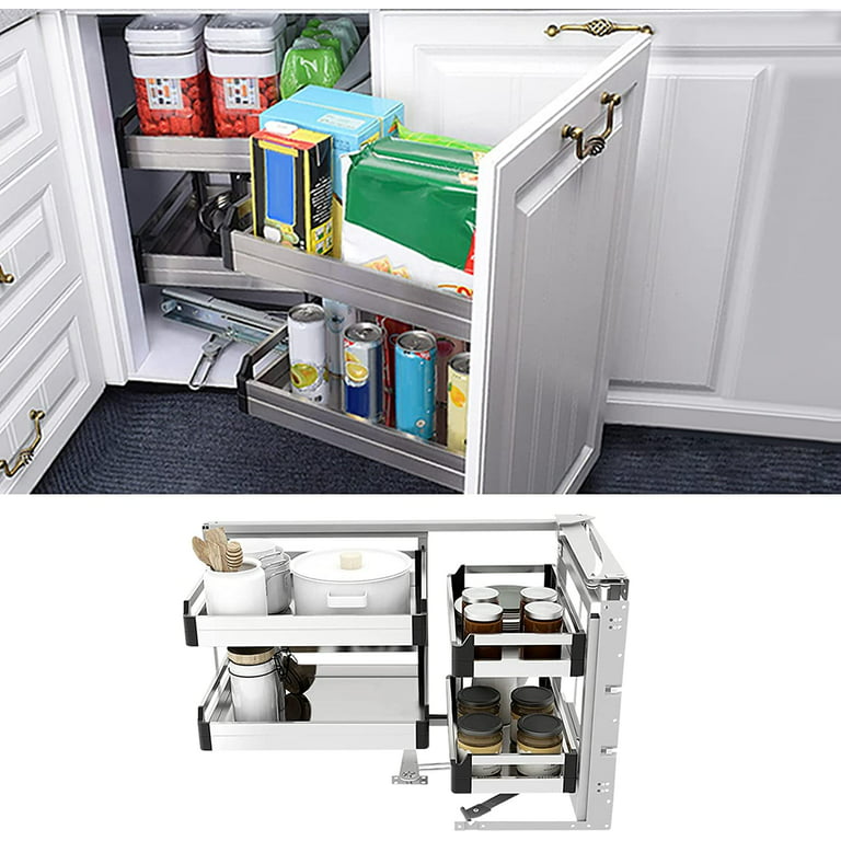 Miumaeov Pull Out Cabinet Organizer Blind Kitchen Corner Cabinet Pull Out, Magic Corner Pull Out Right Handed Open, 2 Tiers Swing Tray,Blind Corner