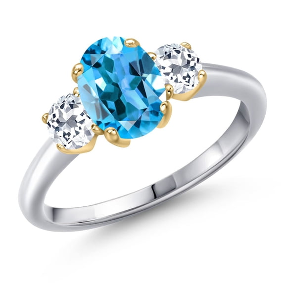 Gem Stone King 925 Silver and 10K Yellow Gold Swiss Blue Topaz and White Topaz Engagement Ring for Women | 2.16 Cttw | Oval 8X6MM | Gemstone November Birthstone | Size 7