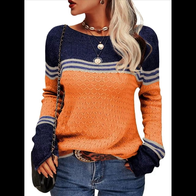 Suéteres de Otoño para Mujer, con Rayas y Bloques de Color, Cuello Redondo, Suéteres de Moda para Invierno. Naranja M