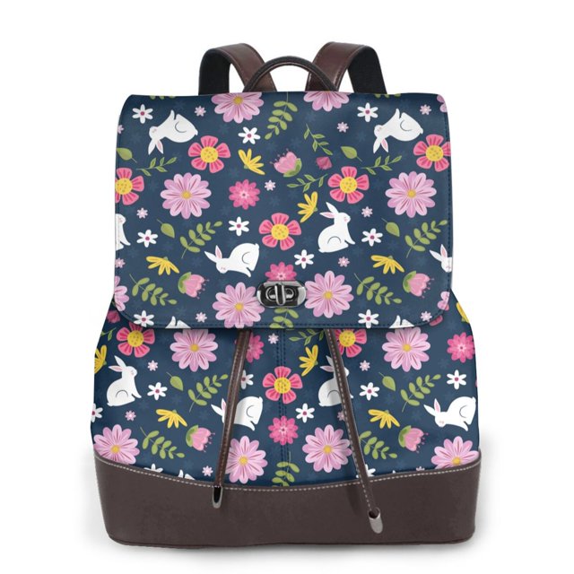 Easygdp Floral Rabbit Mochila de Cuero para Mujeres, Bolso de Hombro, Bolsos de Mano de Moda para Trabajo y Viajes