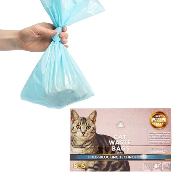 BOS Odor-Sealing Cat Poop Bags for Pet Waste & Kitty Litter - Disposal Bags - Scent-Free (60 bags) [Size: L, Color: Light blue]