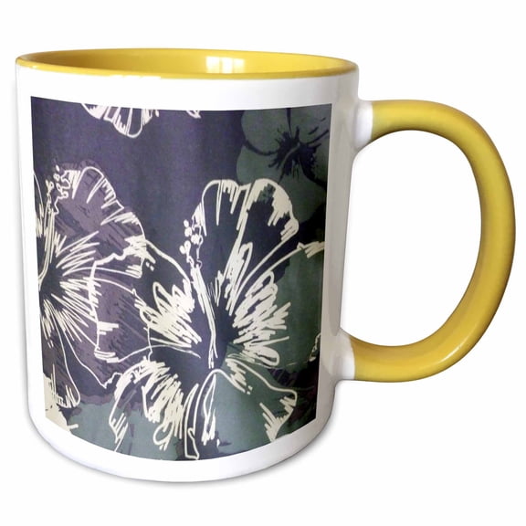 3drose, Hibiscus Camouflage, 15oz Two-tone Yellow Mug