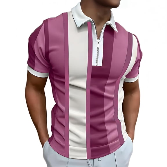 MLQIDK Men's Casual Striped Lightweight Zip Collared Polo Shirt Short Sleeve Breathable Comfort Fit Leisure Polos for Men Hot Pink 3XL