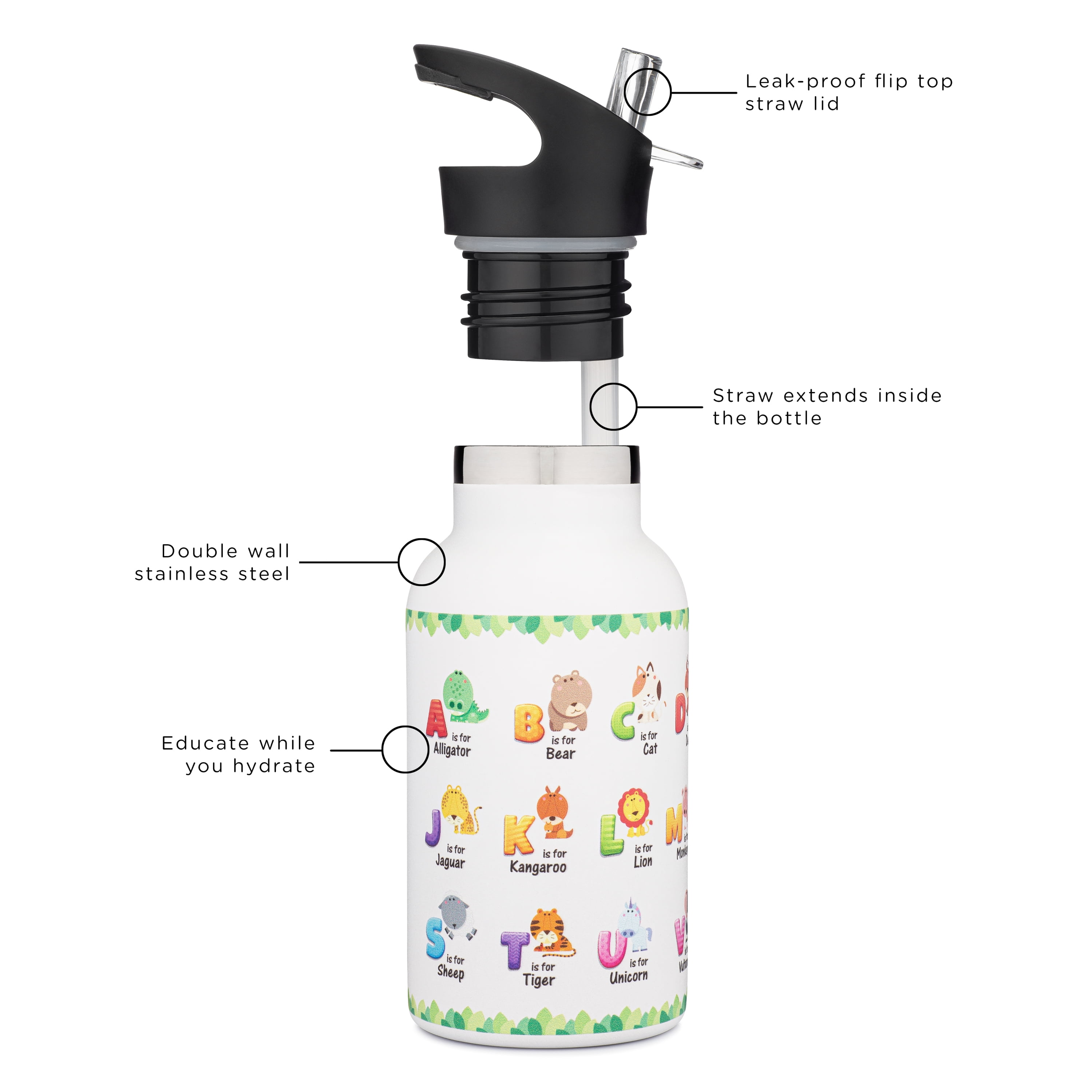 Woods Throne 12 ounce kids learning water bottle with leak proof straw  style top | sippy cup | dishwasher safe.… (Alphabets) - Walmart.com
