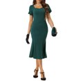 thumbnail image 1 of Vestidos Elegantes Chic para Negocios de Mujer con Escote Corazón, Manga Corta Abullonada, Estilo Sirena, Midi, Color Verde Oscuro, 1 of 6