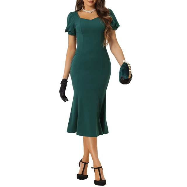 Vestidos Elegantes Chic para Negocios de Mujer con Escote Corazón, Manga Corta Abullonada, Estilo Sirena, Midi, Color Verde Oscuro