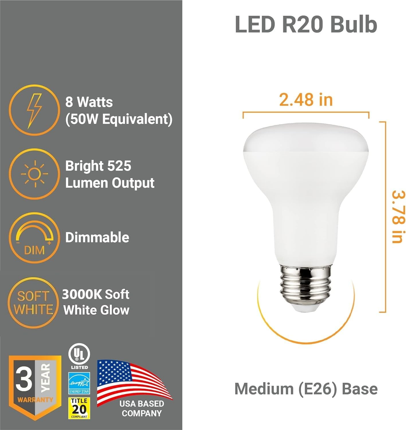 Diodesy- Pack of 6 R20/LED/6W/CRI90/30K LED R20 Reflector Light Bulb, 6 Watts (50W Equivalent), Dimmable, 3000K Soft White, Medium E26 Base, 525 Lumens, Flood Light for Recessed Can Use, UL Listed