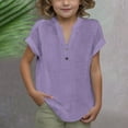 thumbnail image 6 of Lmnyox Girl's Shirts Summer Short Sleeve V Neck Button Fashion Tops Casual Fashion Cotton Linen Tees Blouses, 6 of 7