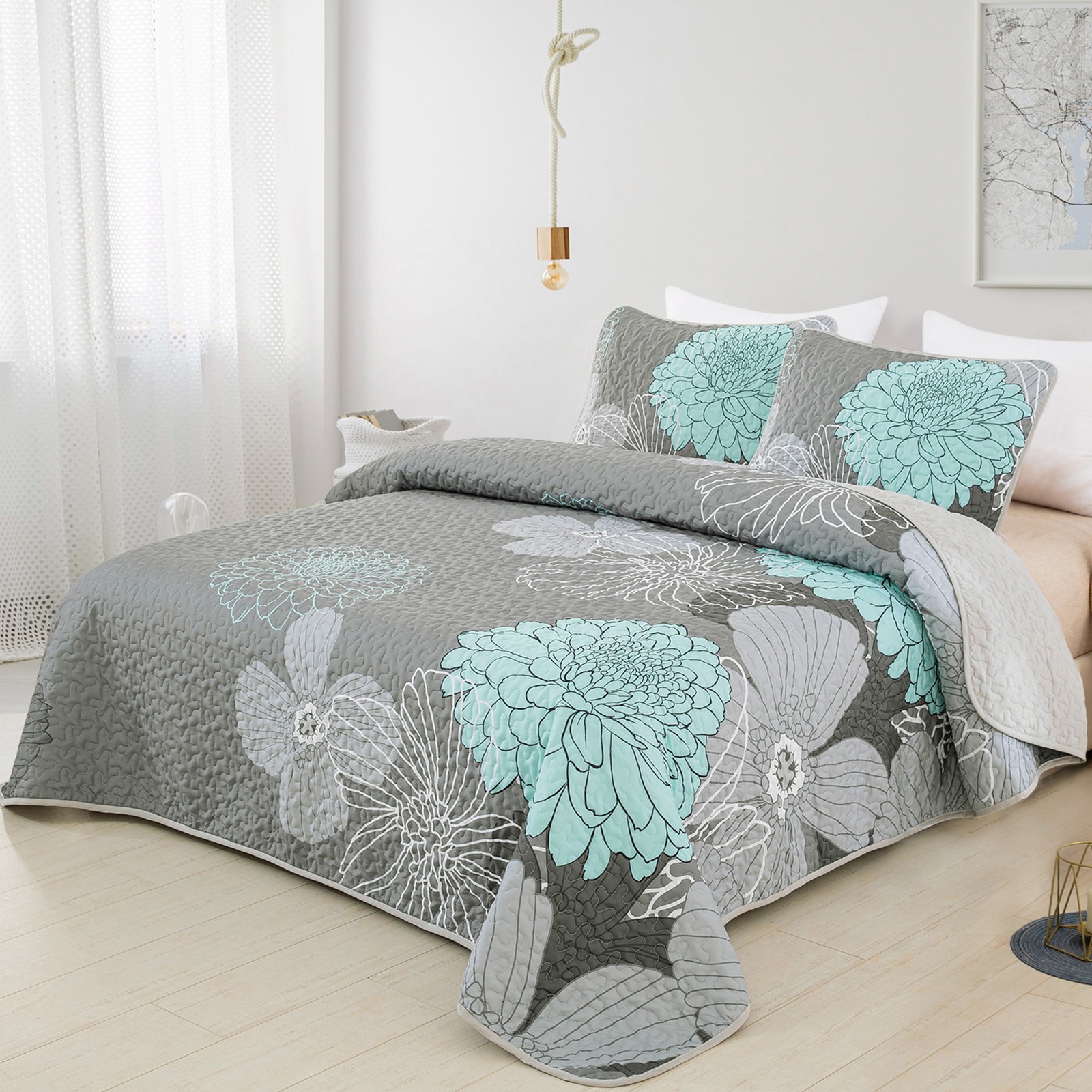 Dintszyayue Floral Quilt Set Queen,3Pcs Gray Bedding Set Lightweight Flower Coverlet Adult(90"x 96")