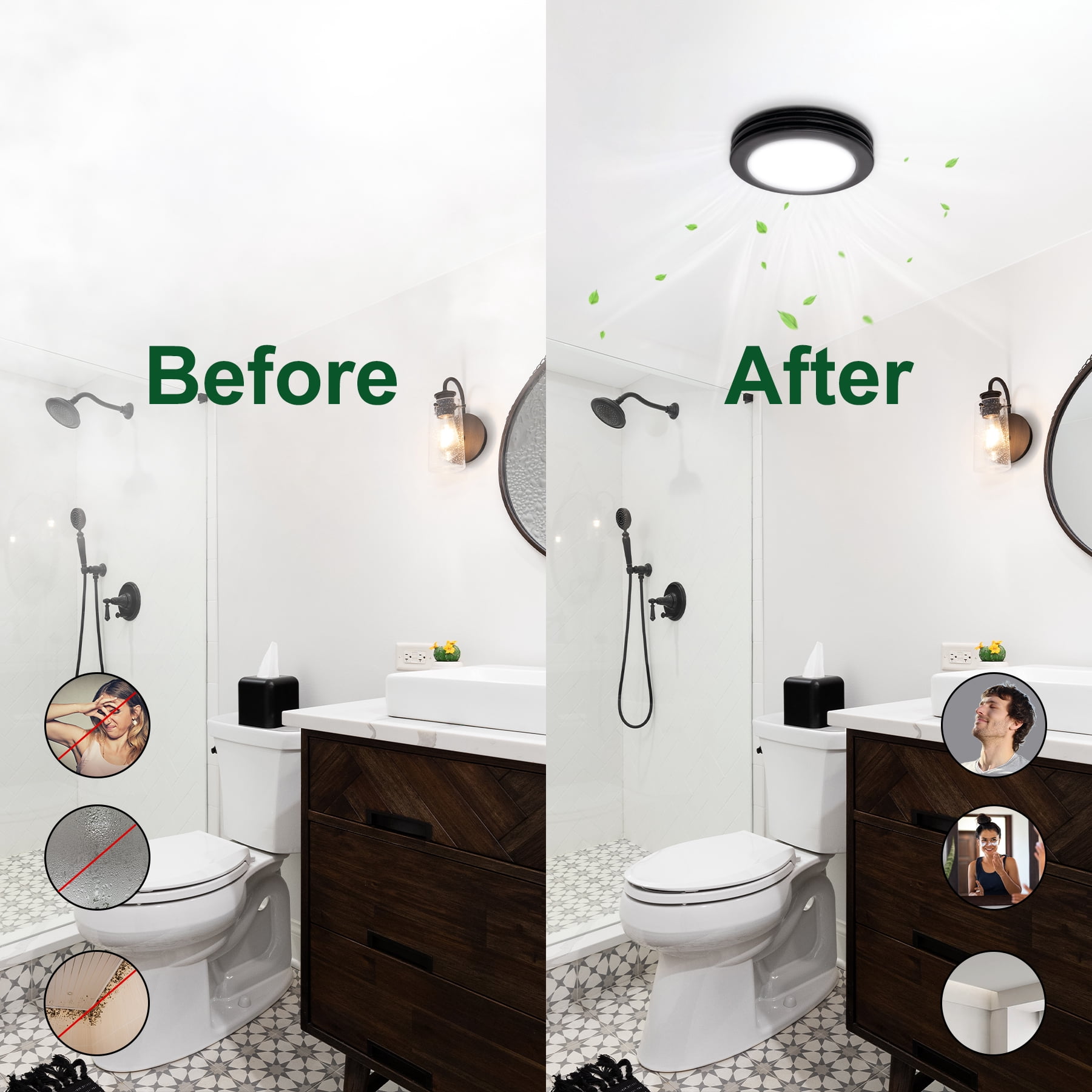 Akicon Exhaust Fan, 80CFM 2.0 Sones Bathroom Exhaust Fan with Light, Bathroom Fan with Dimmable 3CCT LED Light and Acrylic Light Cover, Bath Ventilation Fan for Home, Round, Matte Black