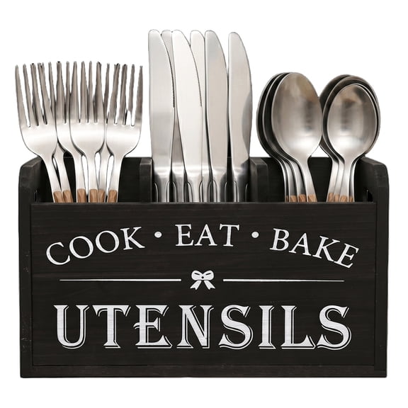 Wooden Utensil Holder for Kitchen Counter, 4 Compartment Flatware Organizer with Removable Divider and Drainage Bottom, Silverware Storage Container for Kitchen Countertop