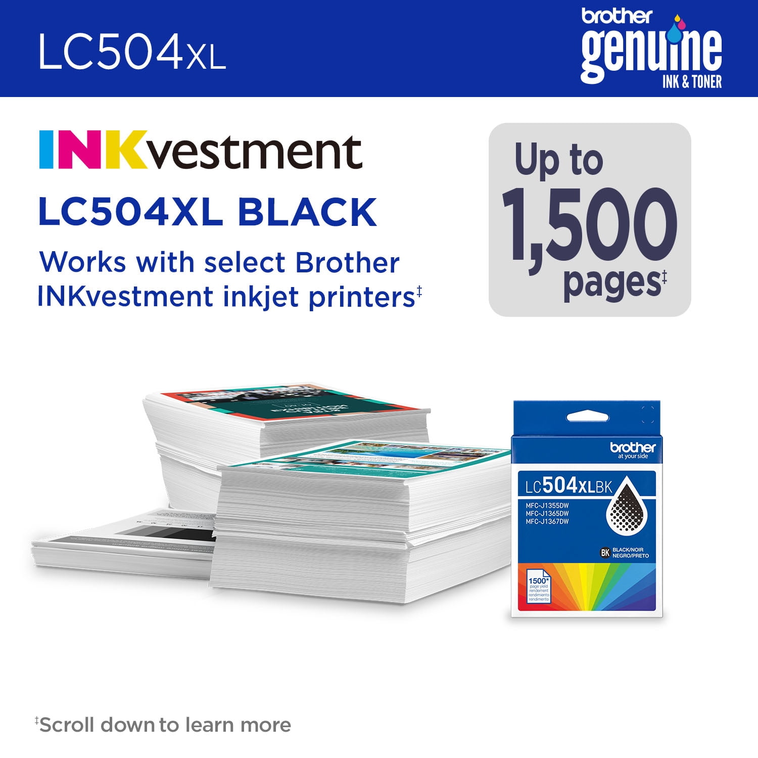 Brother Genuine LC504XLBK High Yield Black Ink Cartridge, Compatible with Brother MFC-J1365DW
