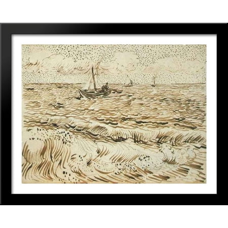 A Fishing Boat at Sea 34x28 Large Black Wood Framed Print Art by Vincent van Gogh