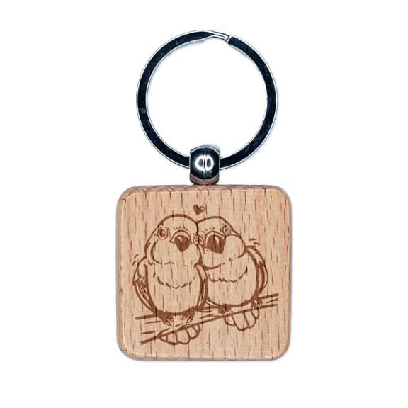 Pair of Lovebirds Parrots Anniversary Valentine's Day Square Keychain Charm Tag - Engraved Wood