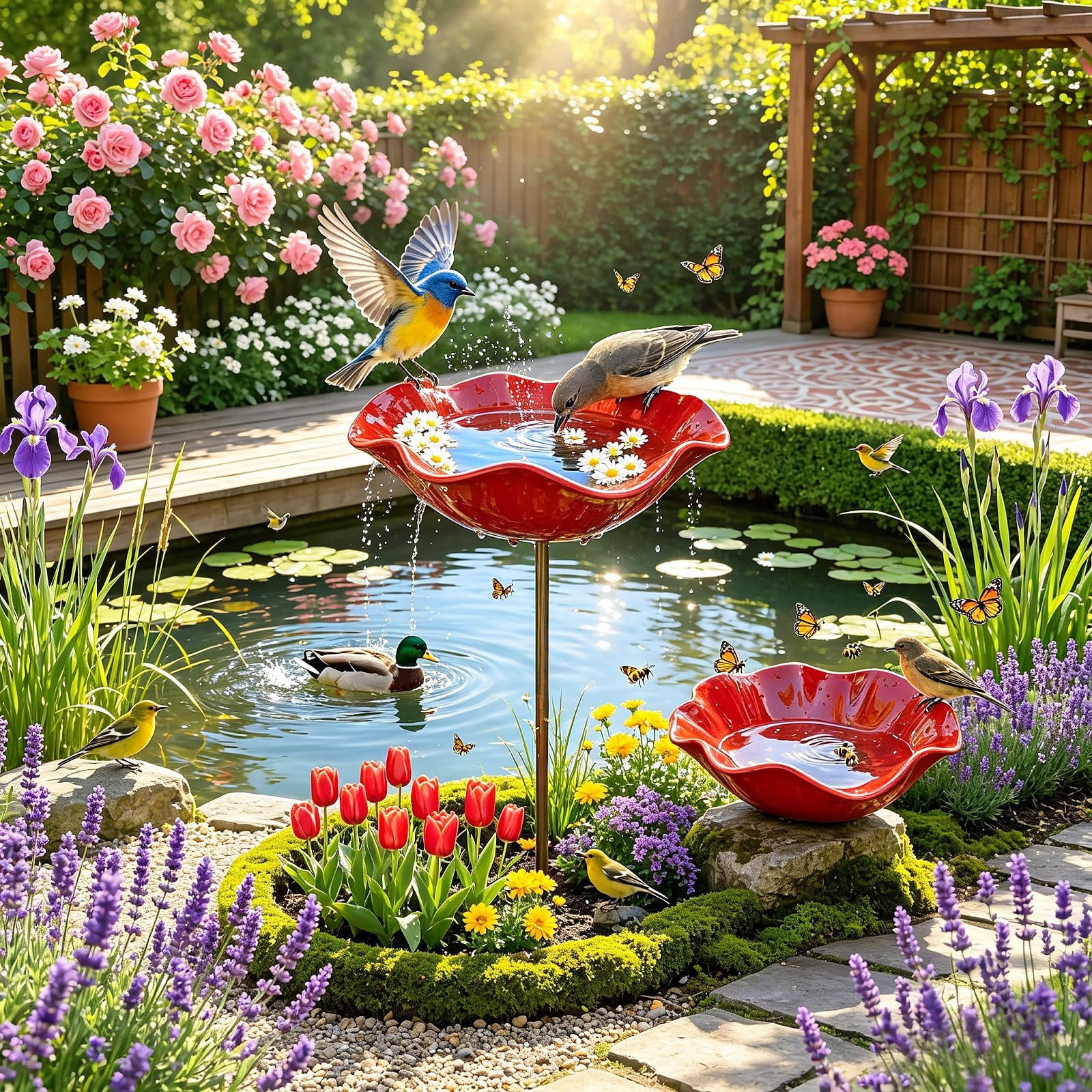 Handmade Metal Flower Garden Stake, Bee Bath & Bird Water Feeder, Shallow Basin Design, Colorful Bee Bath Bowl for Outdoor Yard Patio Garden Ornament