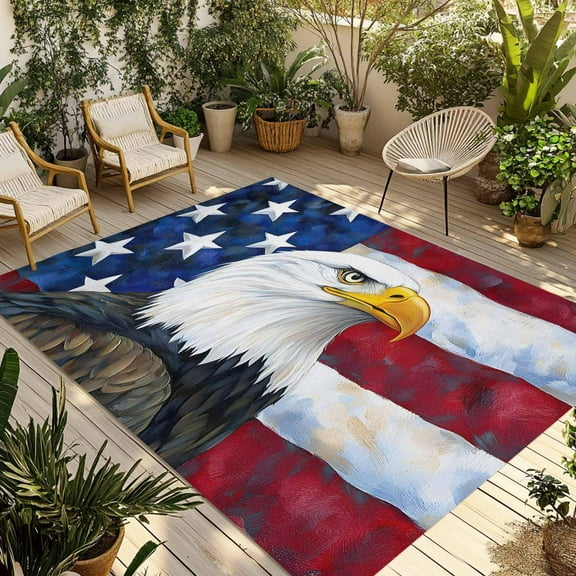 Fsddascl 4th of July Outdoor Rug for Patio/Deck/Porch, Non-Slip Large Area Rug 5 x 8 Ft, Independence Day American Flag Eagle Blue Red Indoor Outdoor Rugs Washable Area Rugs, Camping Rug Carpet