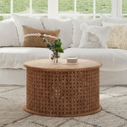 Gerlind 32" Round Solid Mango Wood Carved Pattern Drum Coffee Table by East at Main