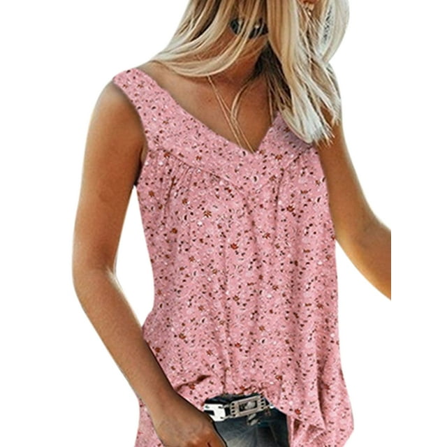 UKAP Ladies Tank Tops V Neck T Shirts Floral Print Summer Top Fashion Daily Wear Tee Pink M