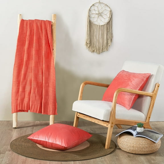 Home Soft Things Checker Cable Throw & Pillow Cover Combo - Peach Echo - 50" x 60"/18" x 18"