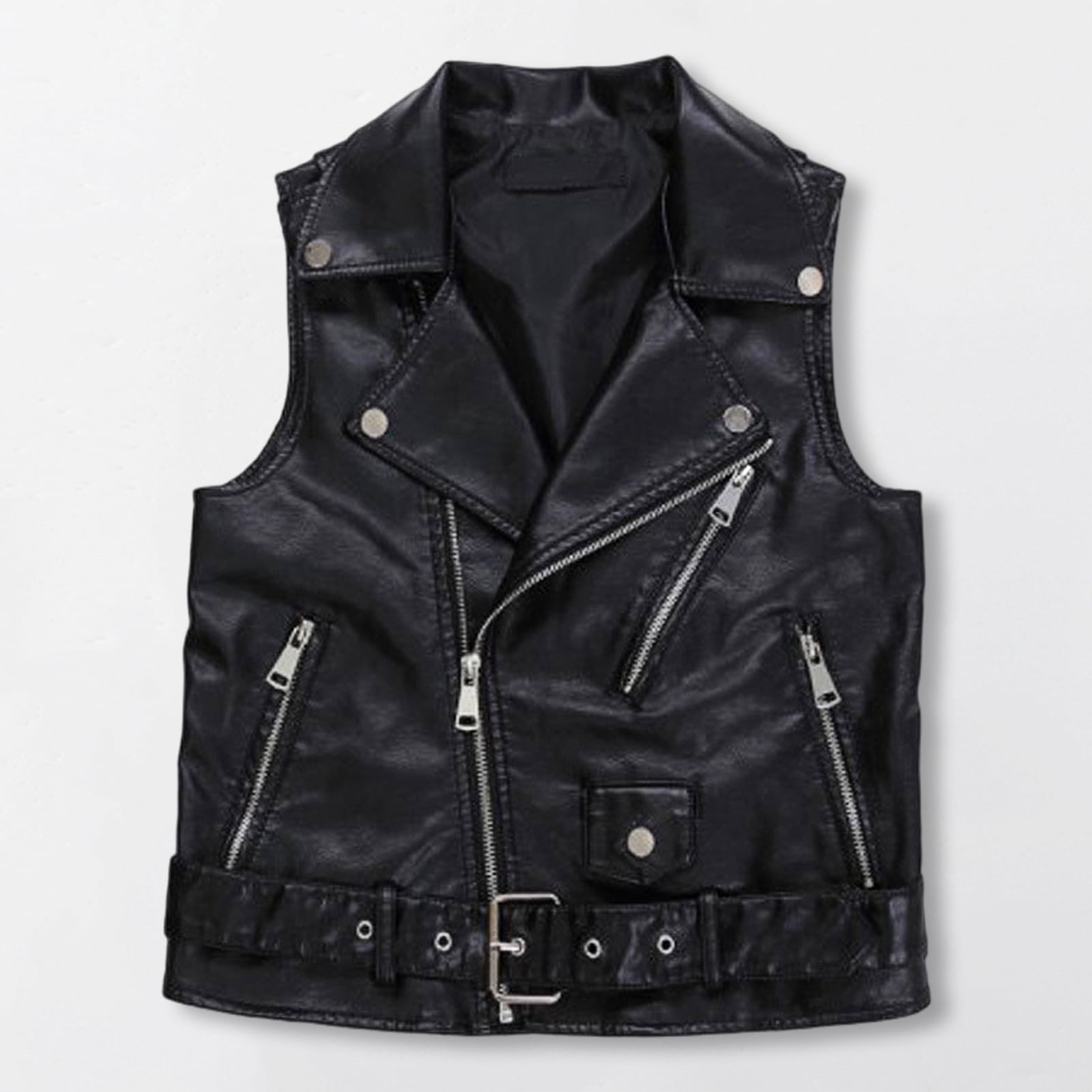 Women Vest Coat Faux Leather Smooth Surface Belt Decor Turn-down Collar Zip-up Sleeveless Zipper Pockets Retro Motorcycle Waistcoat Commuting Travel Outerwear