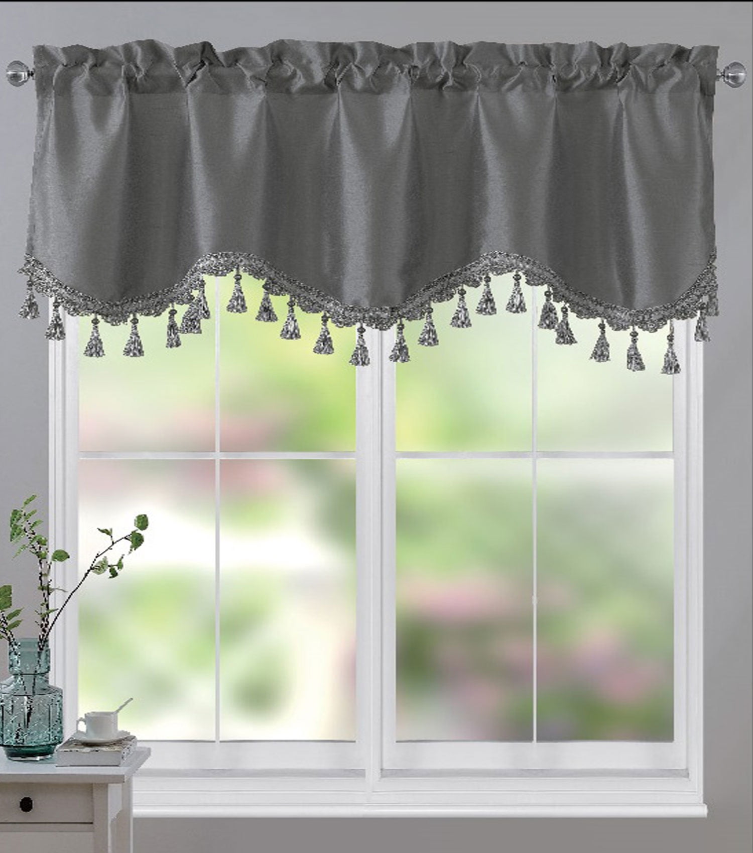 Melanie Faux Silk Scalloped Window Valance With Beaded Tassels