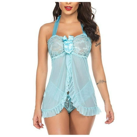 Atogsazn Lingerie for Women V Neck Nightwear Satin Sleepwear Lace Chemise Mesh Nightdress Sexy Chemise Nightie A-Light Blue XL on Clearance