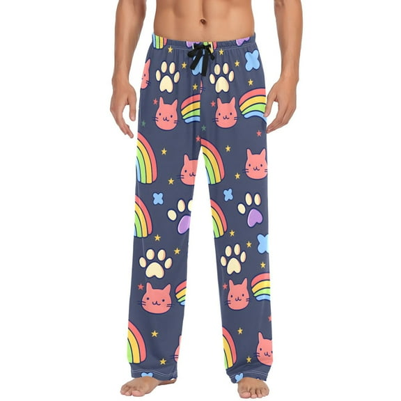 Men's Pajama Pants Rainbow Cat Paw Print Cotton Long Sleepwear Lounge Pants L