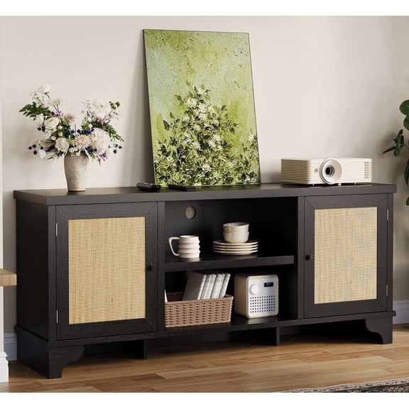 Anoncndin Rattan TV Stand for Living Room, Modern Wood Entertainment Center for 70 in TV, Boho Media TV Console Table with Storage, Black