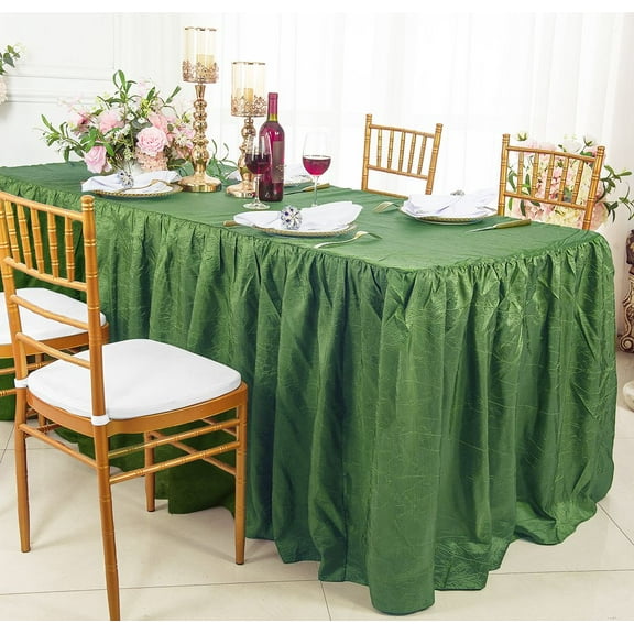 Wedding Linens Inc. 8' (96"x30") Rectangular Ruffled Fitted Crushed Crinkle Taffeta Tablecloth With Skirt - Clover Green